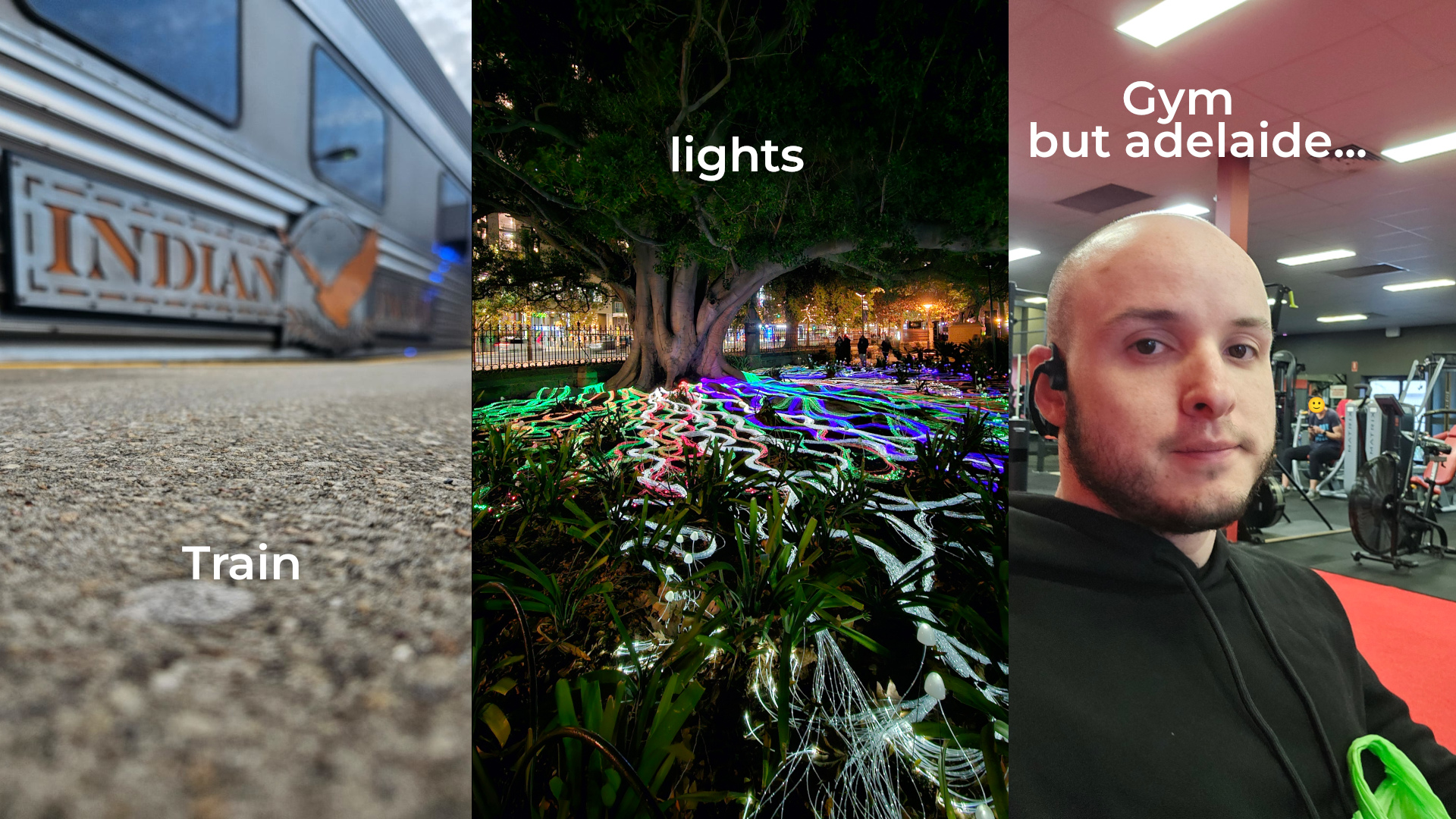 Three panels, a low shot of the train, a photo of the trees at Illuminate, a photo of me at the gym smiling