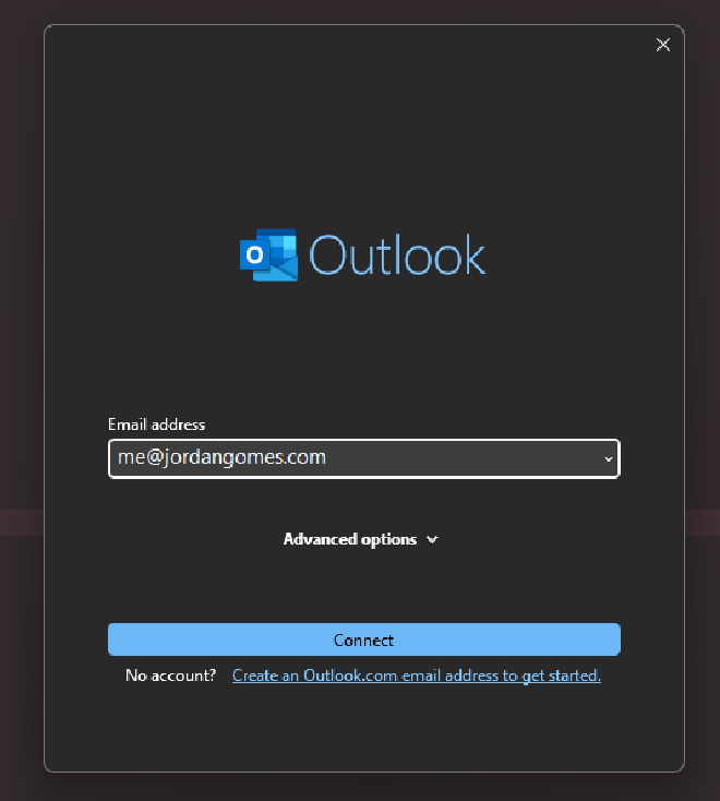the Outlook Login Screen with an email address typed in and a connect button
