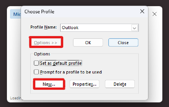 the Outlook Choose Profile dialog with Options and new highlighted